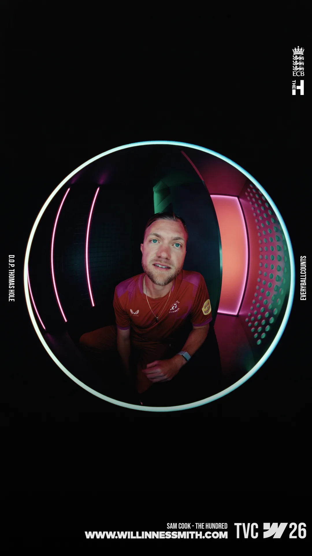 Sam Cook framed inside a circular light rig · The Hundred